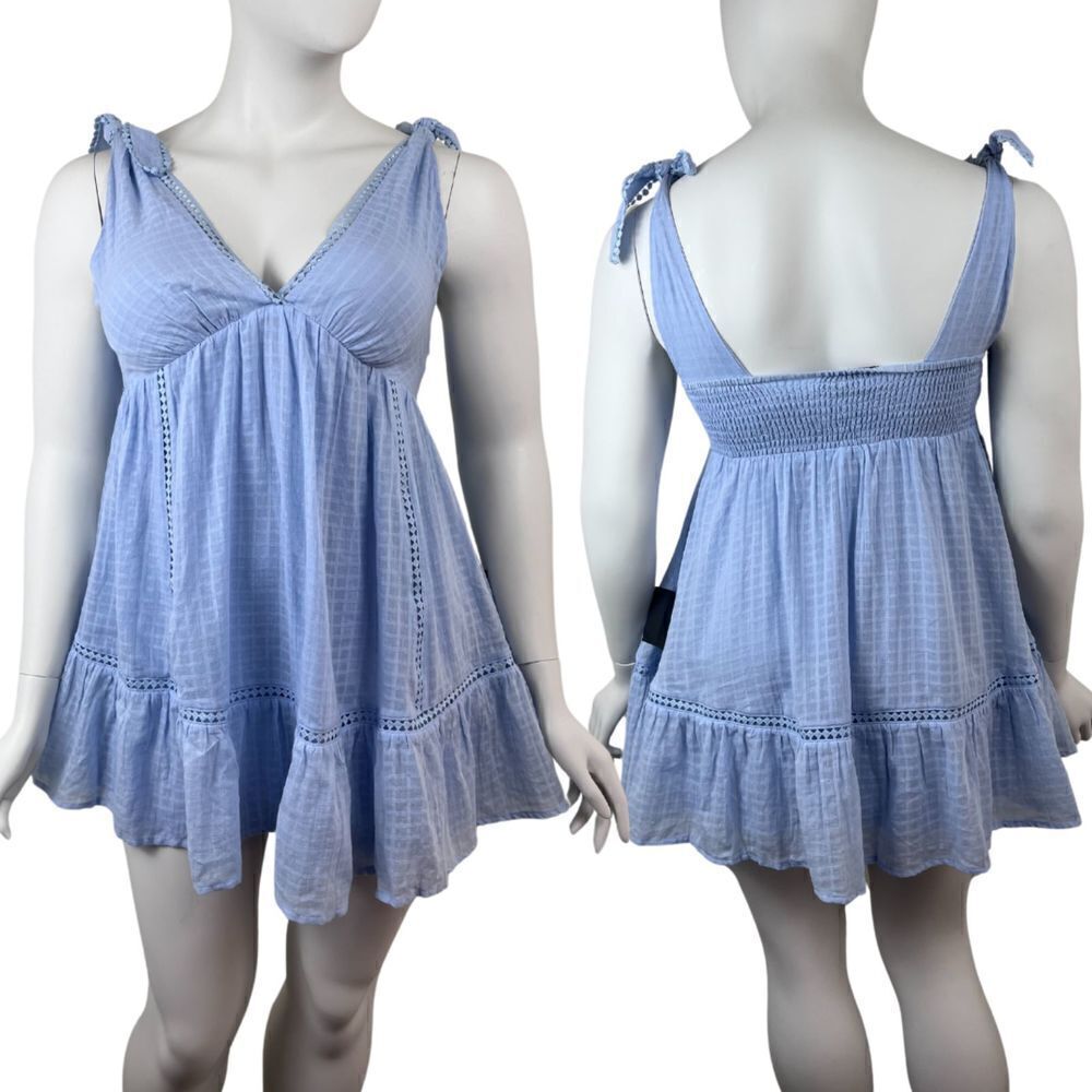 Lulus Women Size L Blue Sweet Summer Love Tie Strap Babydoll Mini NEW Dress